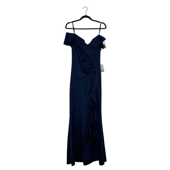 NWT Xscape Ruffle Off The Shoulder Scuba Gown Women's Navy Size 16 - Picture 2 of 7